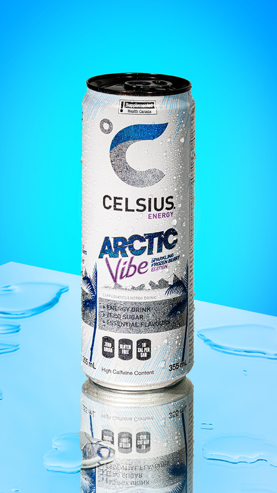 A can of cold drink on a reflective surface.