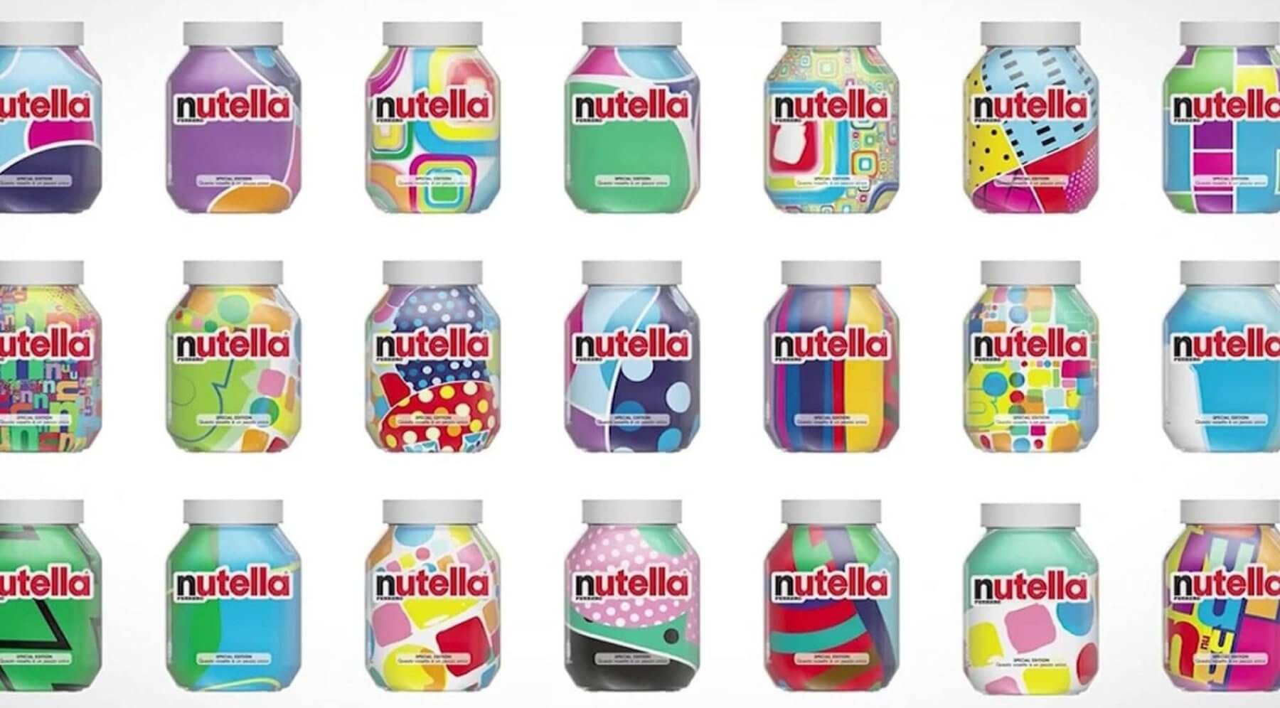 A collection of colorful Nutella jars displayed in a grid pattern, each featuring different designs and colors on their labels.