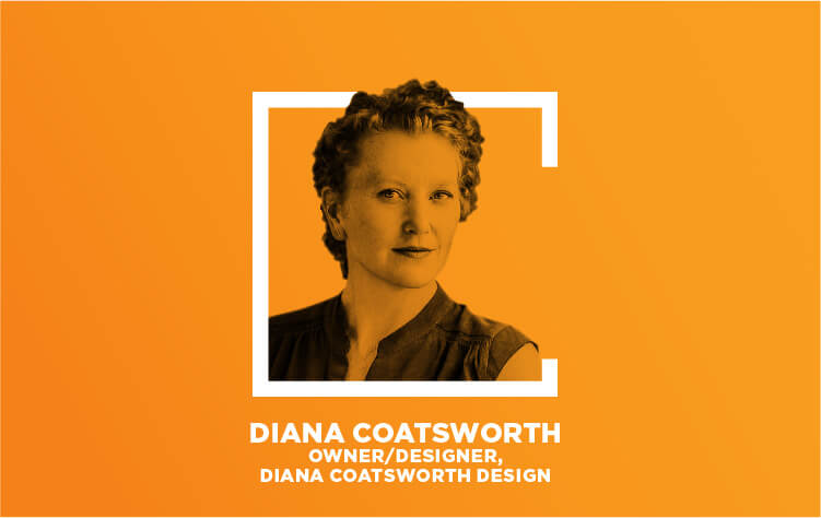 The image features a woman, Diana Coatsworth, who is a designer. She has short hair and is wearing a black top. The background is orange and white.