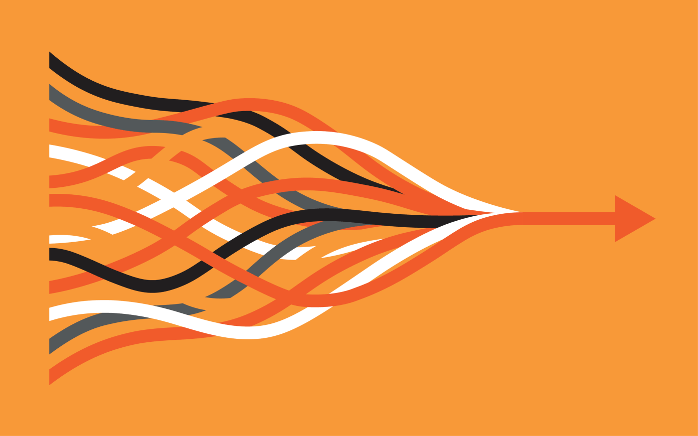 An orange banner with abstract black and white designs resembling a stylized flag, possibly representing movement or direction, against a gray…