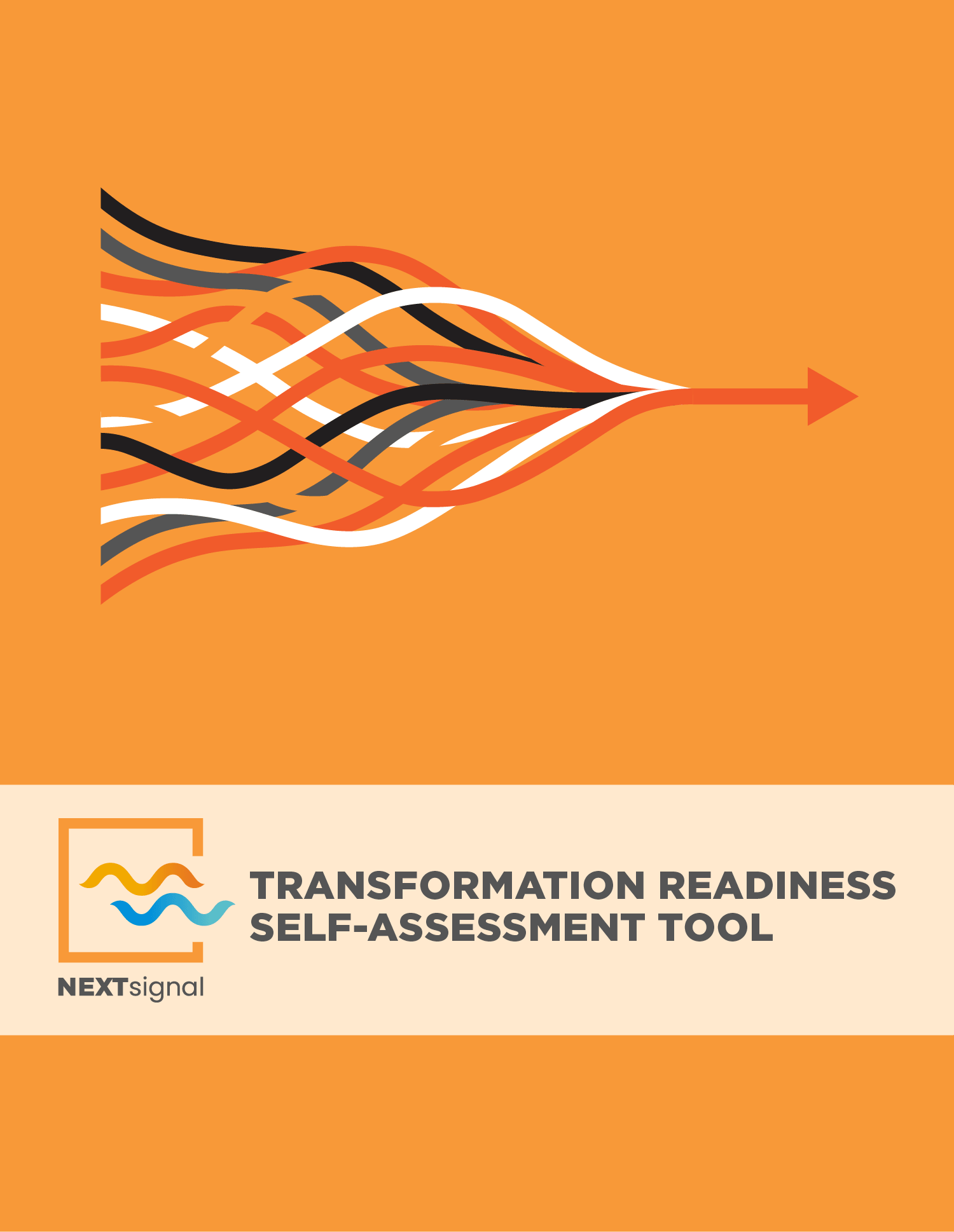 A graphic design that appears to be a book cover or promotional material. It features a predominantly orange background with a black arrow…
