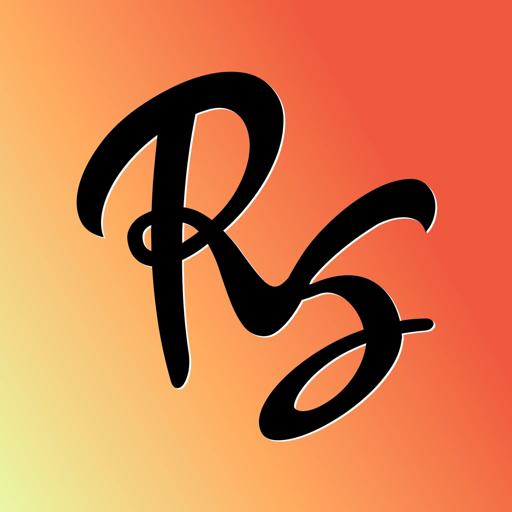 The image displays a logo consisting of stylized lettering, resembling a monogram, in black ink on a red background.