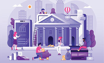 An illustration depicting a cityscape with various people engaged in different activities, surrounded by buildings and urban elements.