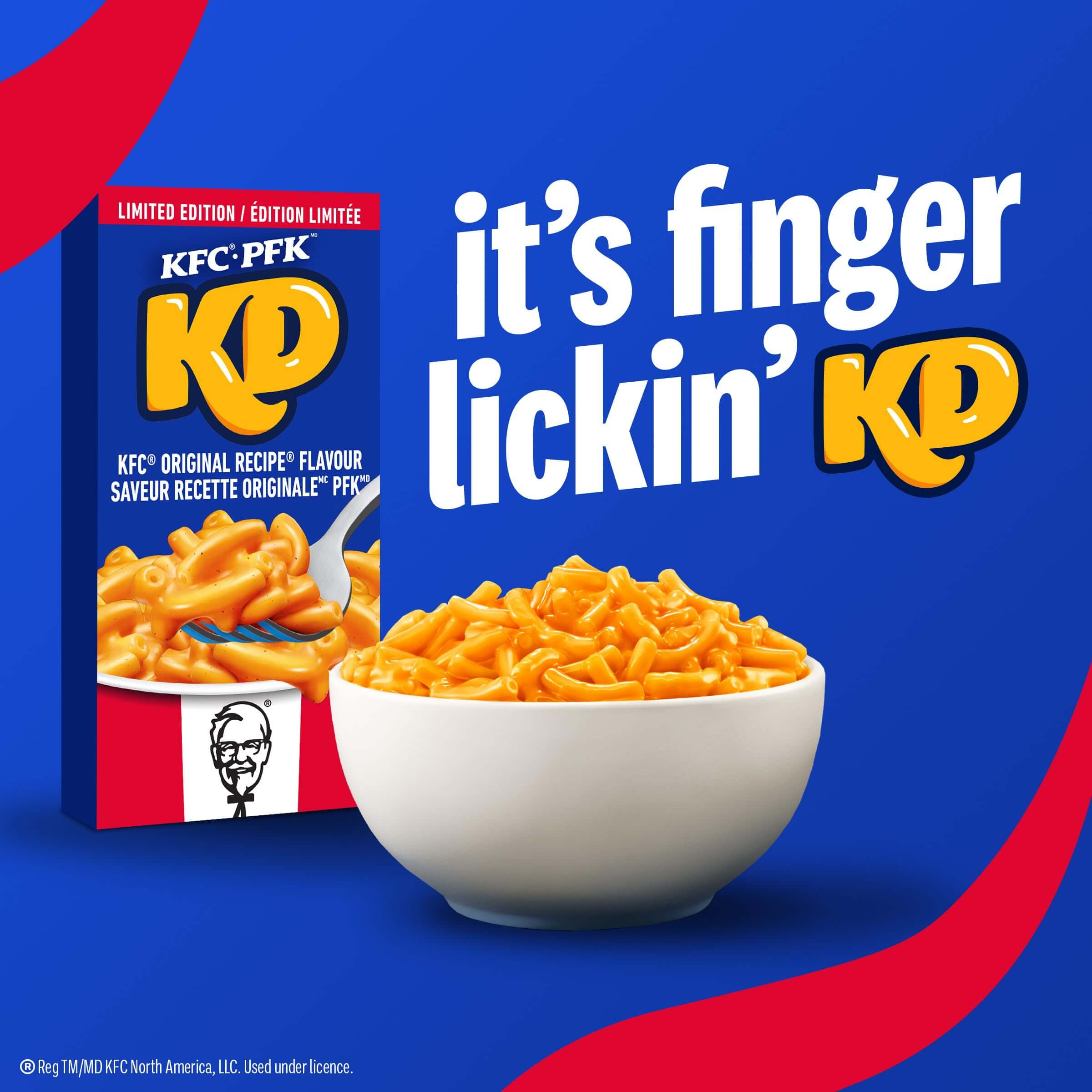 A bowl of KFC chicken nuggets on a blue background, with a sign that says