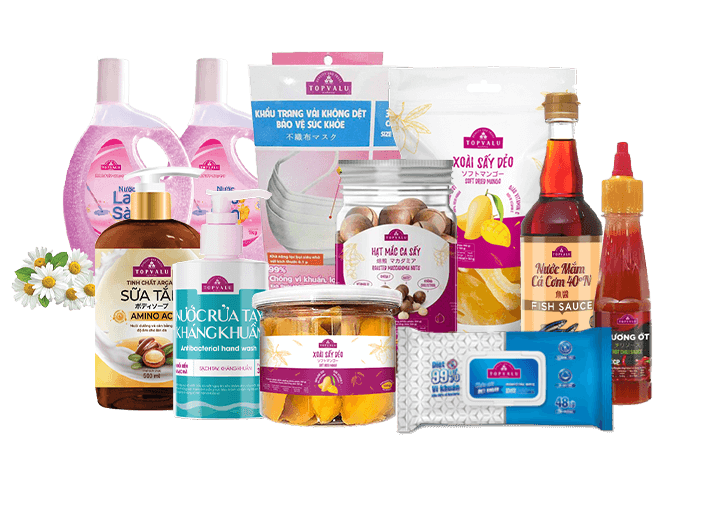 An image of a variety of products displayed on a table, including food items, cleaning supplies, and personal care products.
