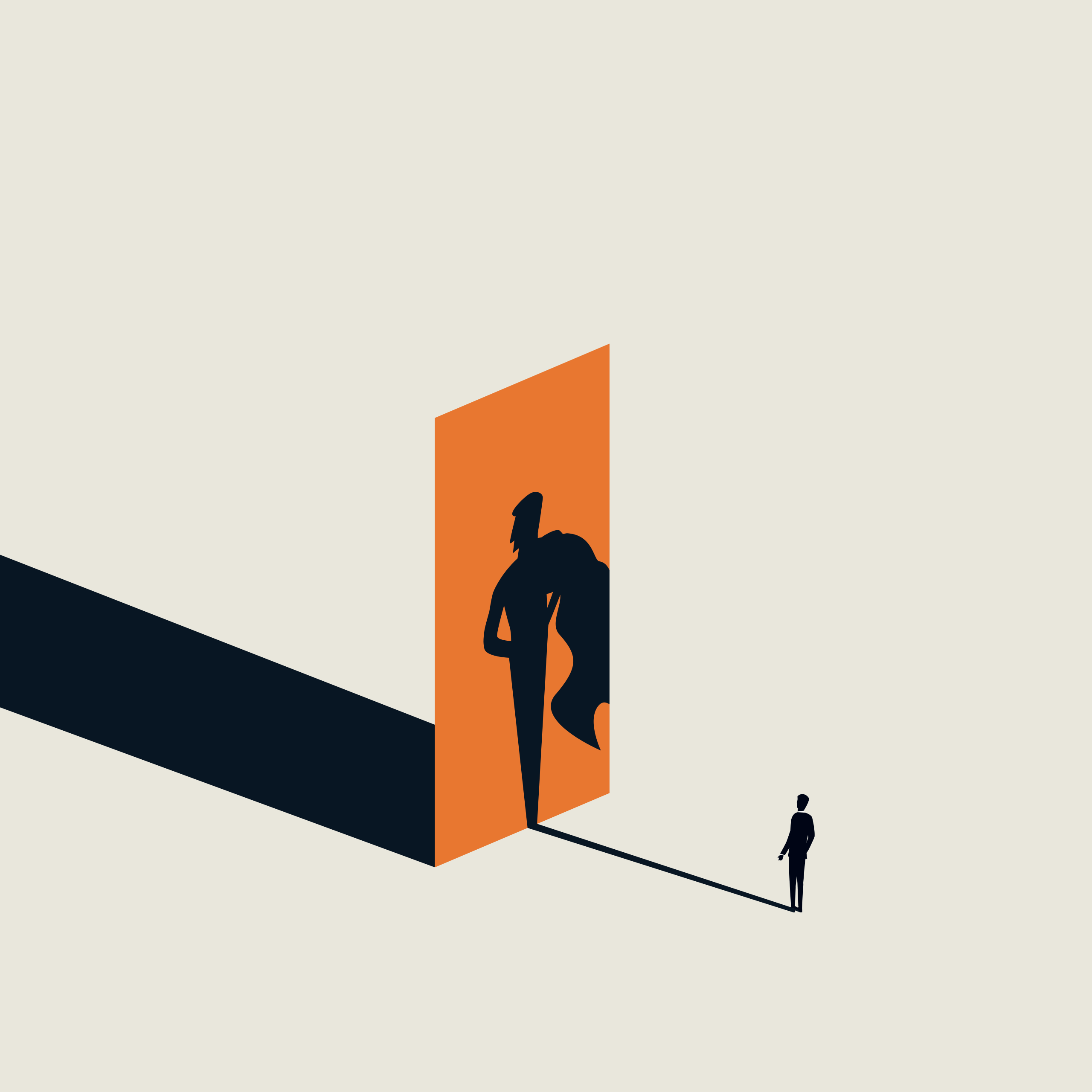 The image features an illustration of a person standing in front of an open door, silhouetted against a white background.