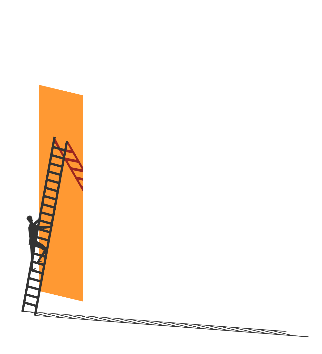 A man climbing a ladder against an orange background
