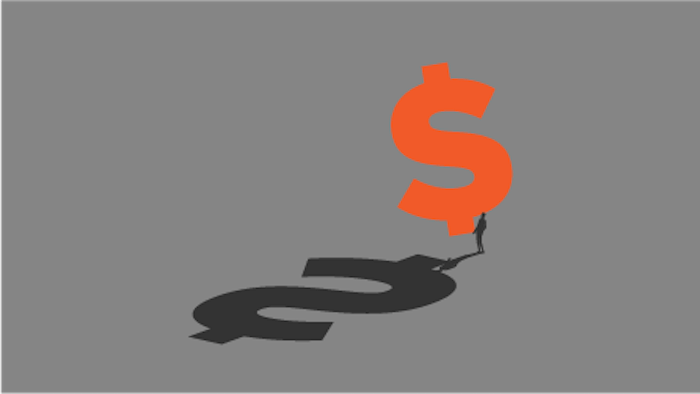 Depiction of a person walking towards a dollar sign, which is much larger than the person