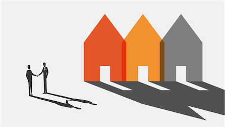 A stylized graphic illustrating three houses in different colors, each with a shadow cast on the ground, representing…