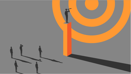 A digital art piece featuring an orange target with silhouettes of people around it, set against a gray background