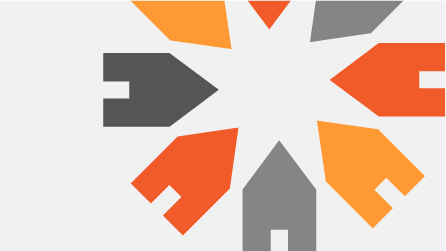 A colorful, abstract logo featuring geometric shapes and a house silhouette