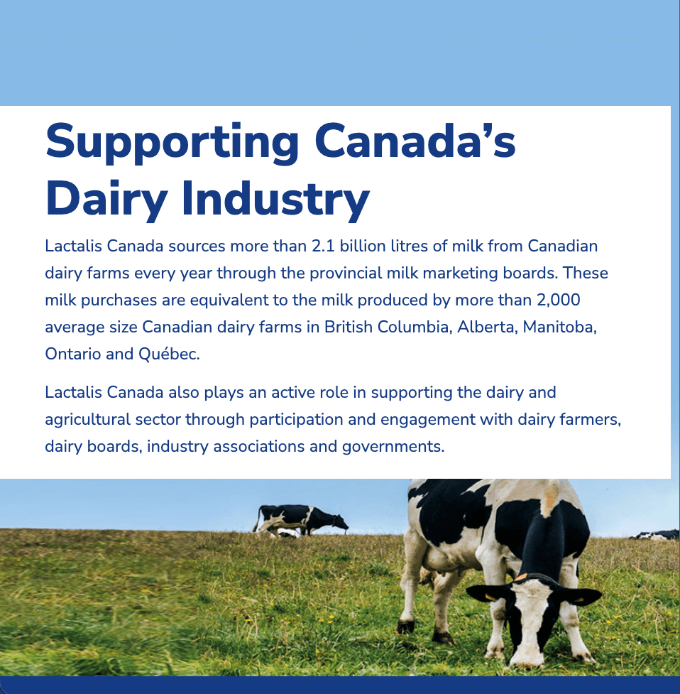 An advertisement for supporting Canada's dairy industry, featuring a cow and milk bottle.