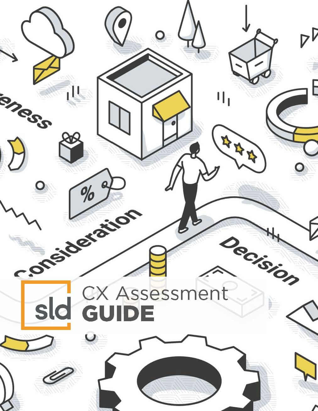 An illustration of a person walking on a pathway, surrounded by various business-related icons such as a briefcase, gears, and speech bubbles,…