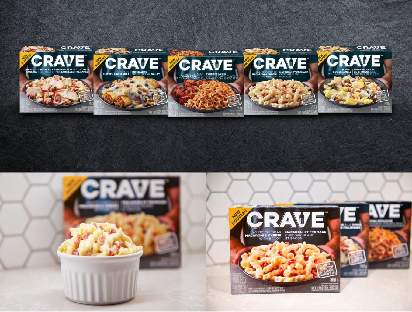 A collage of four photos showing Crave snack mixes in various stages of preparation, with a focus on the finished product in a bowl.