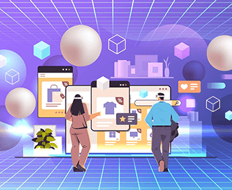 An illustration depicting a futuristic scene where two people are standing in front of a large screen displaying various floating icons, possibly…