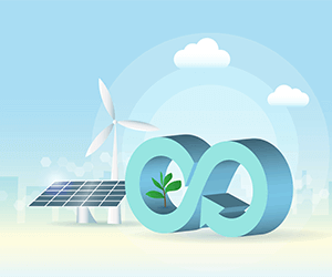 The image features a digital illustration of a wind turbine, a solar panel, and a recycling symbol, all set against a blue sky background.
