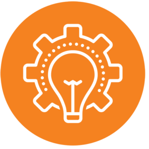 Three circular icons, each containing a different symbol: the first on the left has an orange light bulb inside a gear, the middle one features a…