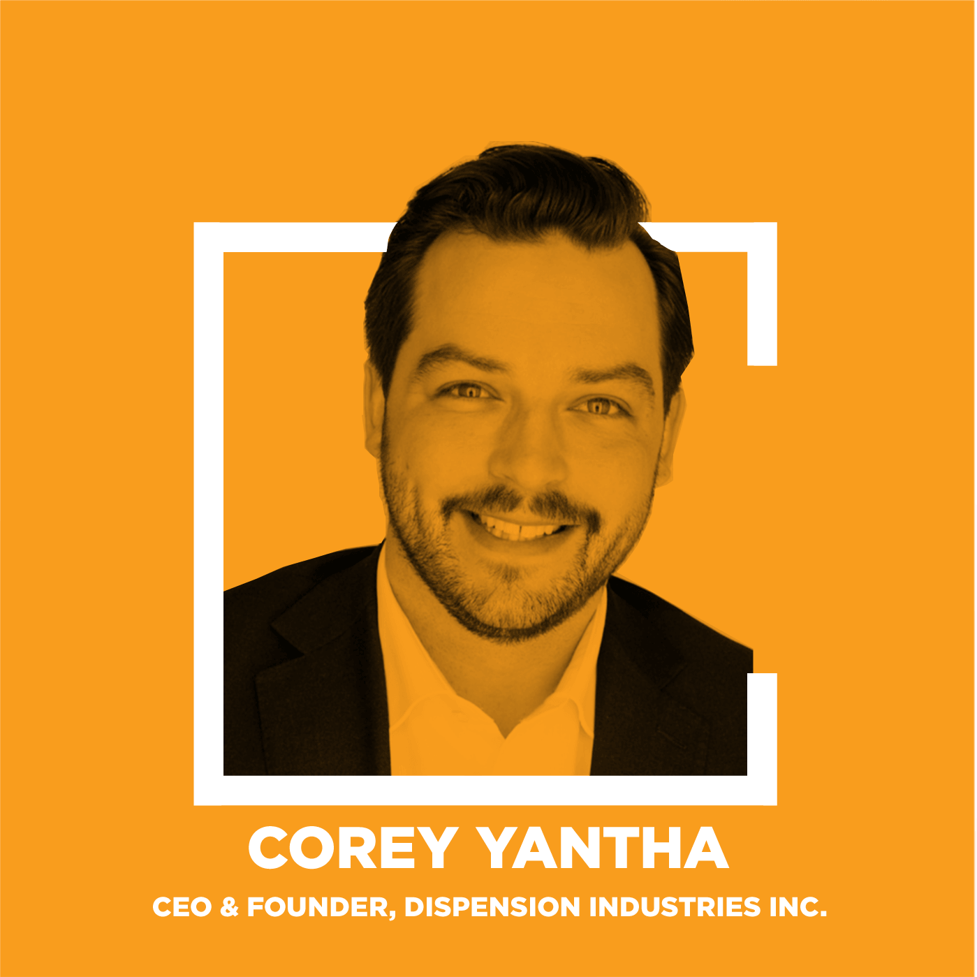 The image features a man smiling at the camera, wearing a suit and tie, standing in front of a yellow background. He has short hair and is looking…