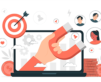 An illustration showing a hand holding a magnifying glass over a laptop screen, surrounded by various icons representing social media engagement,…