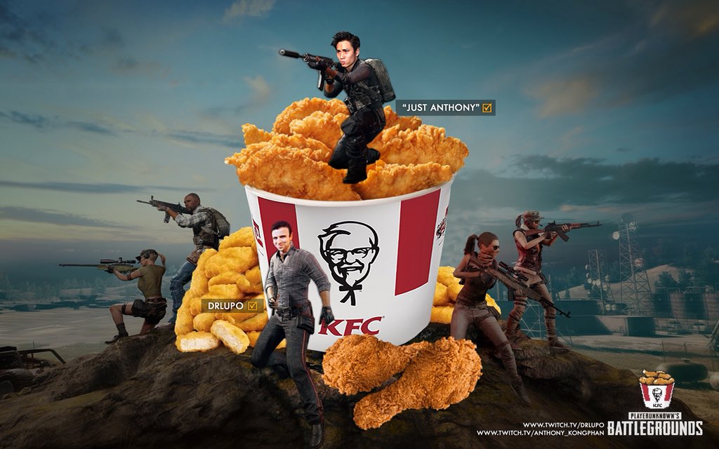 The image features a humorous scene where a bucket of fried chicken is superimposed on top of a group of people, creating an illusion that the…
