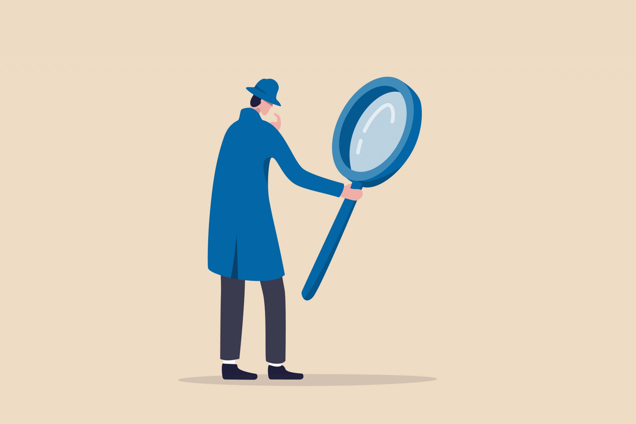 A cartoon detective holding a magnifying glass, looking intently at the ground.