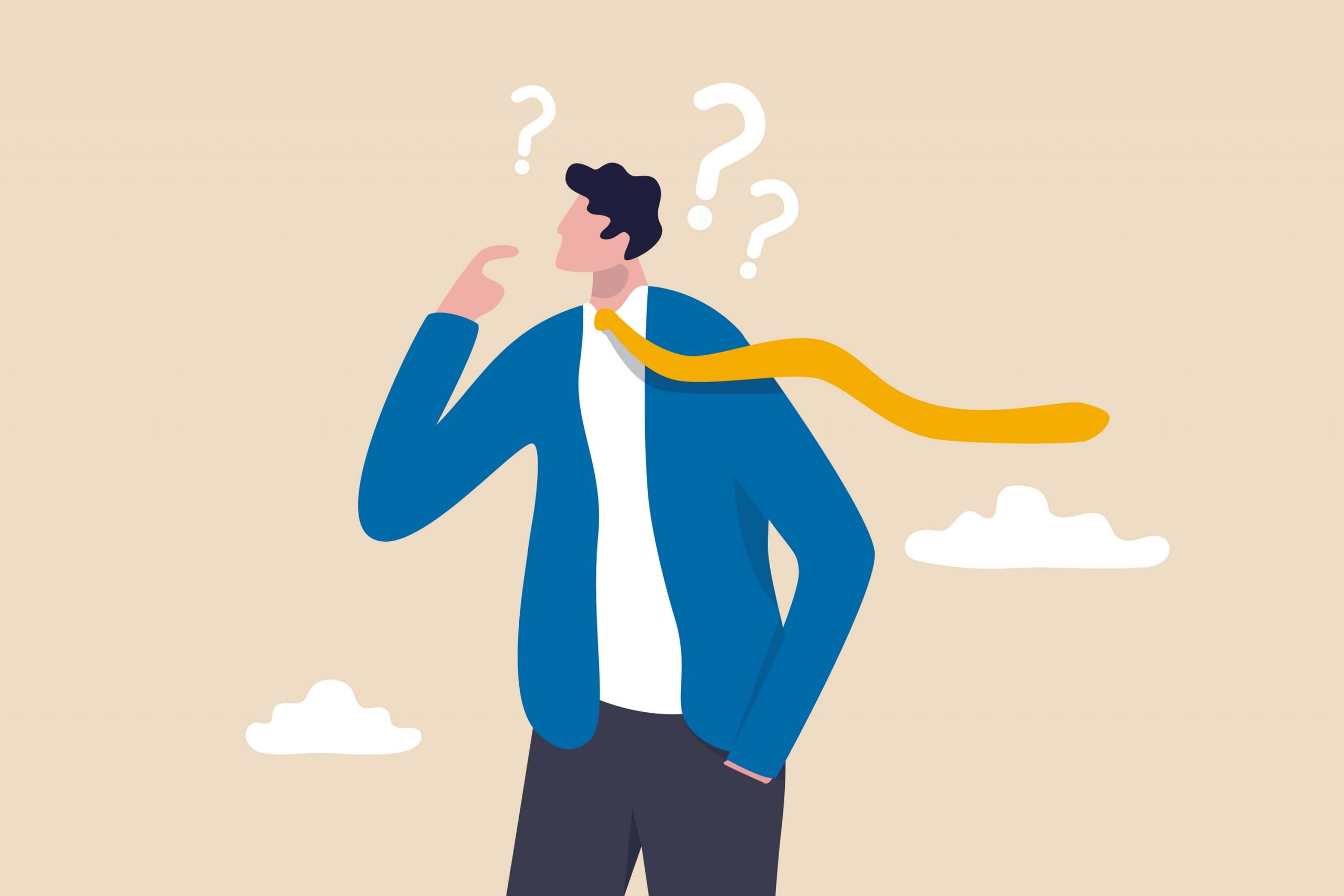 Illustration of a man standing on a beach, looking up at the sky, with a thought bubble containing two question marks.