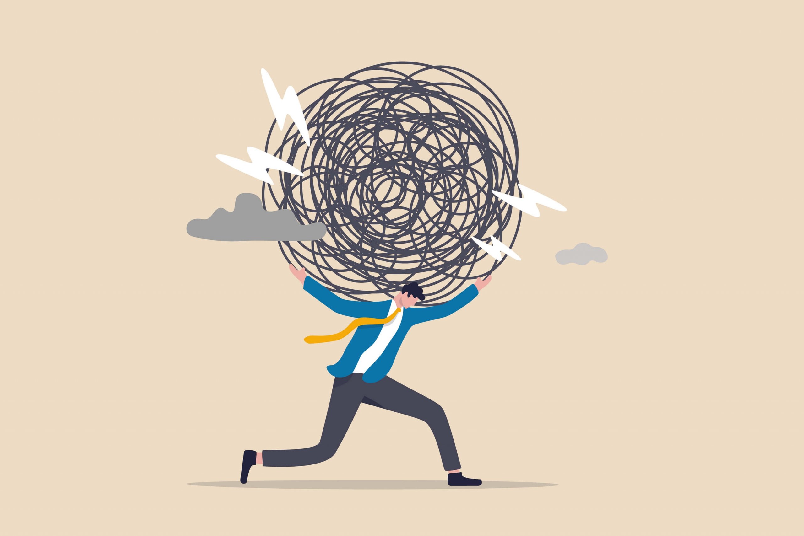 An illustration of a man running with a large black cloud above his head, seemingly trying to escape it.