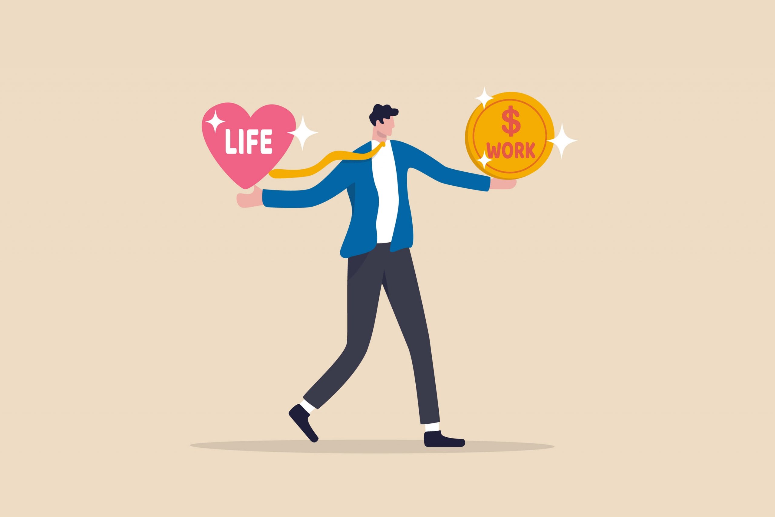 Illustration of a person holding a heart and money, walking on a stage.