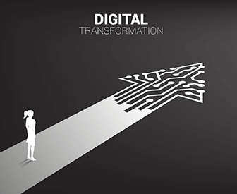 An image of a digital transformation concept, featuring a person standing at the end of a pathway that leads to a silhouette of a city skyline.