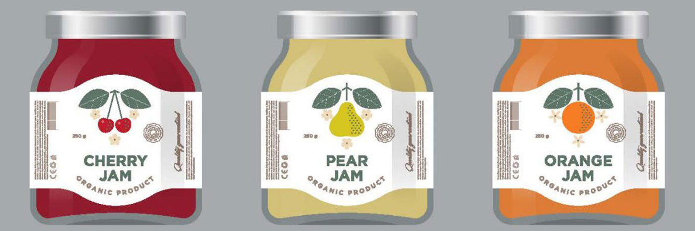 Four jars of jam, each labeled with a different fruit flavor: cherry, orange, pear, and peach.