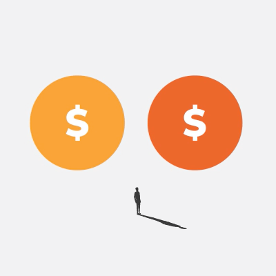 Two red circles with dollar signs inside, placed on either side of a small black silhouette of a person's head.
