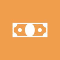 An orange background with a white logo in the center, which appears to be a stylized representation of a dollar bill with two coins on top of it.