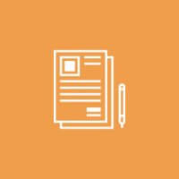 An icon depicting a newspaper, a pen, and a clipboard on a yellow background.