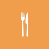 An icon of a fork, knife, and spoon on an orange background.