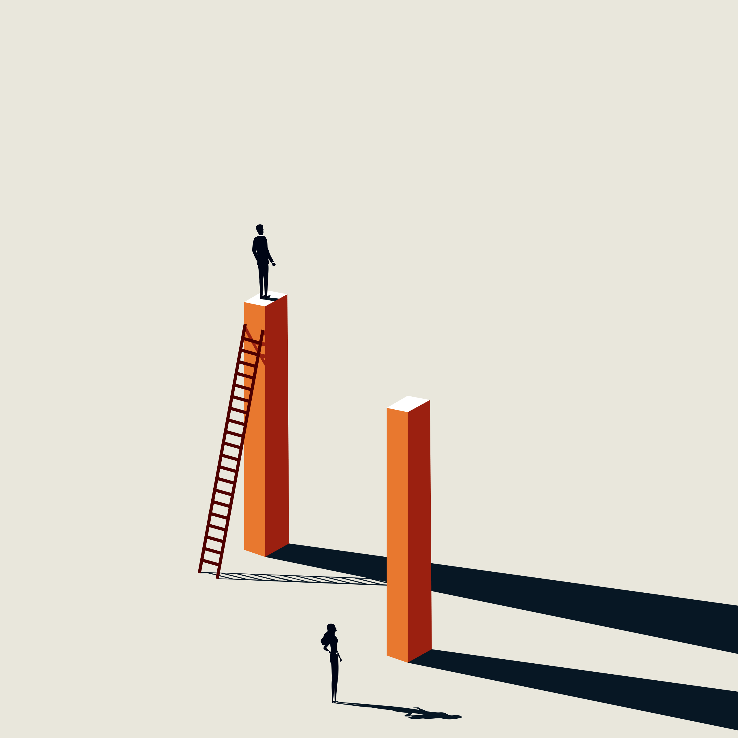 A person standing on top of a ladder, casting a shadow against two tall red pillars, with another person standing in the distance.