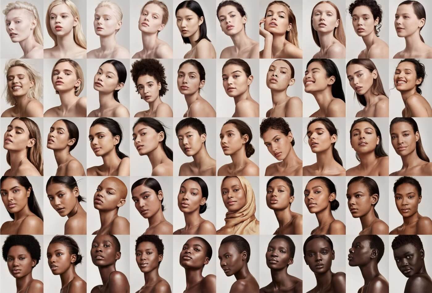 An advertisement featuring a collage of diverse women's faces, showcasing various shades of skin tone.