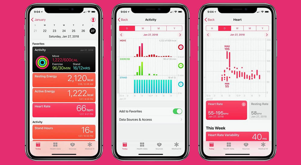 Four smartphones displaying fitness tracking apps, each showing different data points and graphs.