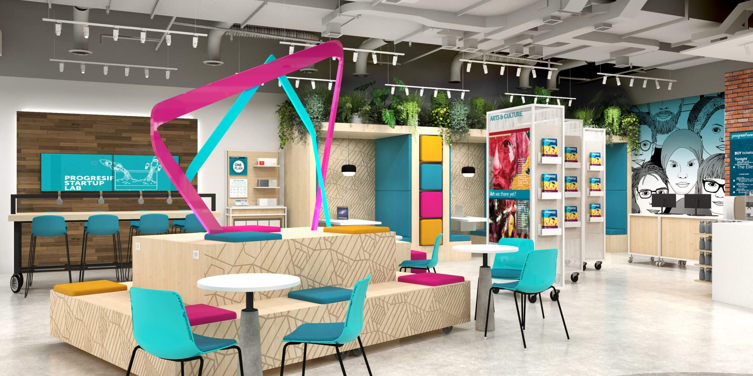 An image of a modern, open-concept office space with a variety of furniture and decorations.