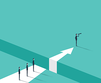 A digital illustration depicts a group of five people standing in front of a large, abstract arrow pointing upwards. The scene suggests a concept…