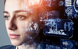 A split image of a woman's face, one half showing her natural appearance and the other half digitally altered to include futuristic technology…