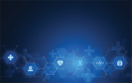 A digital banner with a blue background featuring a network of interconnected nodes representing technology, healthcare, and social services.