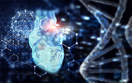 A heart-shaped graphic with a DNA double helix design, set against a background that includes a network of interconne…