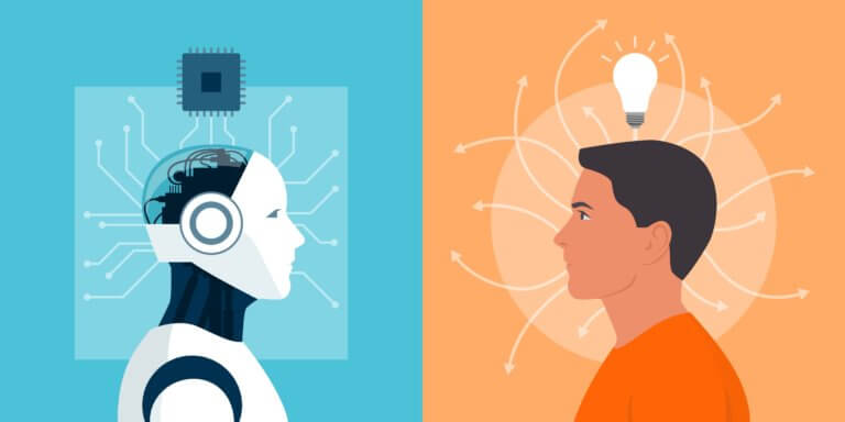Two people standing side by side, one with a human head and the other with a robot head, both with thought bubbles around their heads.
