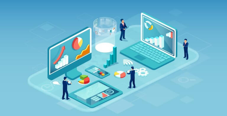 Illustration of a group of people working on a digital platform, surrounded by various screens displaying charts and graphs, symbolizing a…
