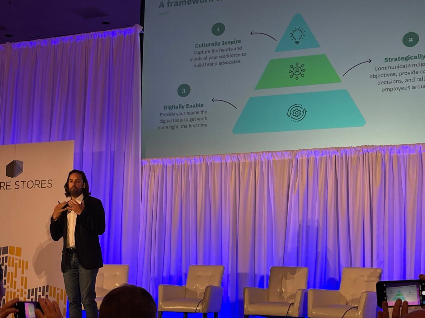 A person standing at a podium, giving a presentation about a pyramid model on a stage.