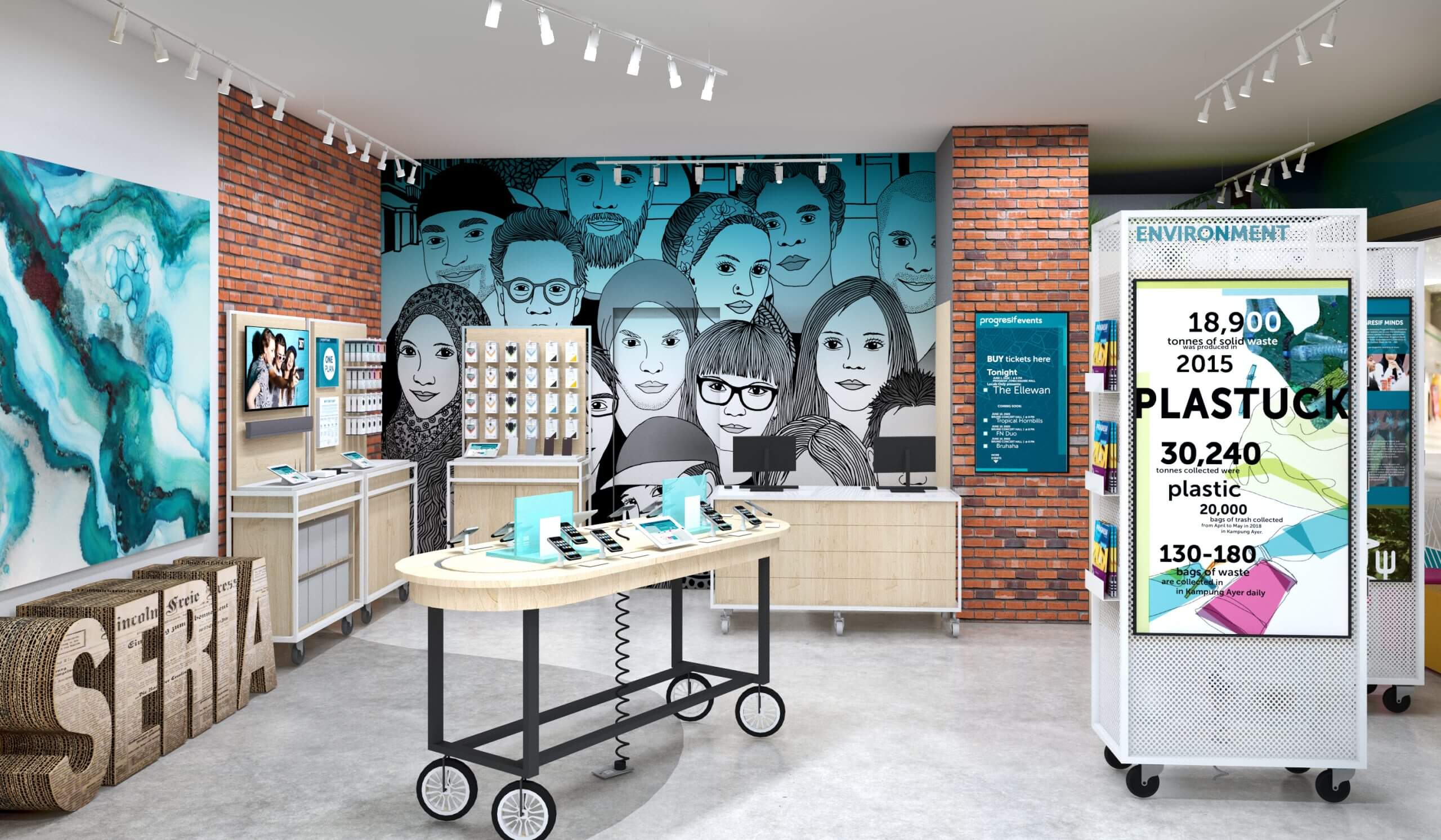 An image of a store interior featuring a large mural on the wall, a display case with various items, and a counter with a sign that reads
