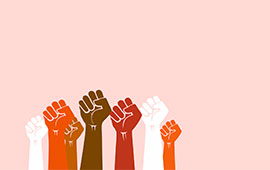 A graphic representation of a group of hands raised in solidarity, each hand holding a fist, symbolizing unity and support.