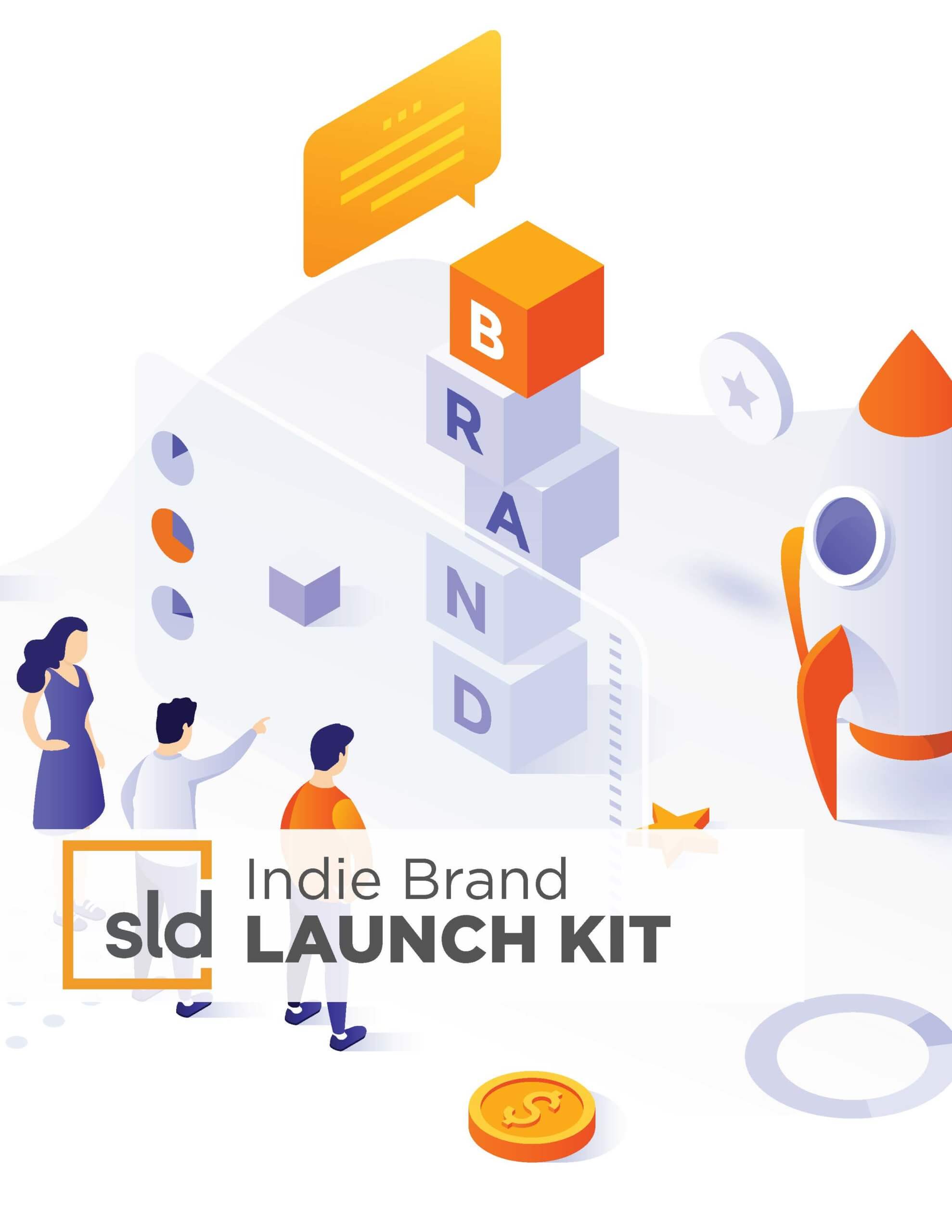 A digital illustration of a group of people standing in front of a block structure labeled "BRAND" with the word "SLD" on it, and a text that…