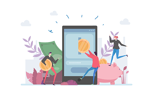 Illustration of people celebrating with money, phone, and piggy bank on a background that includes plants and clouds.