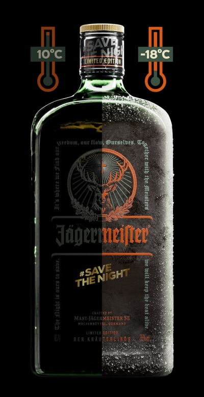 Bottle of alcohol with label, temperature gauge, and eagle emblem.